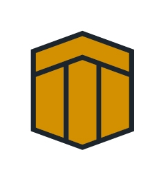 Logo: an orange shield-shaped badge with a dark outline and a geometric vertical-bar design.