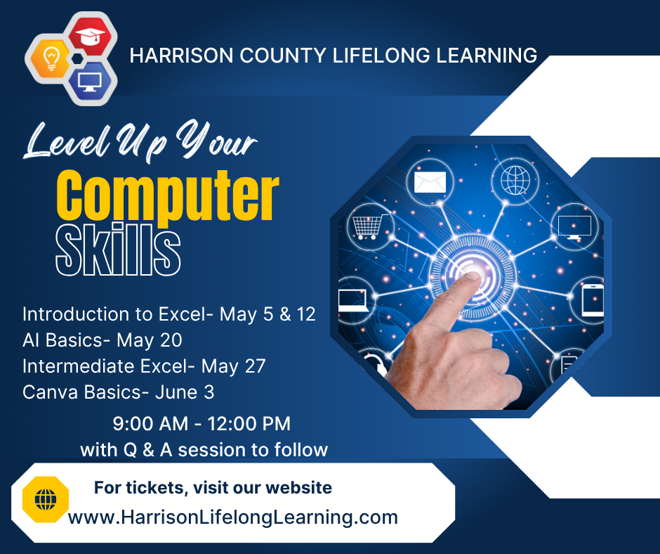 Promo flyer for Harrison County Lifelong Learning offering computer-skills courses: Excel, AI basics, Canva, with dates, times, and website www.HarrisonLifelongLearning.com