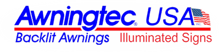 Awningtec USA logo with blue text, red underline, slogan 'Backlit Awnings Illuminated Signs', and a small American flag graphic.