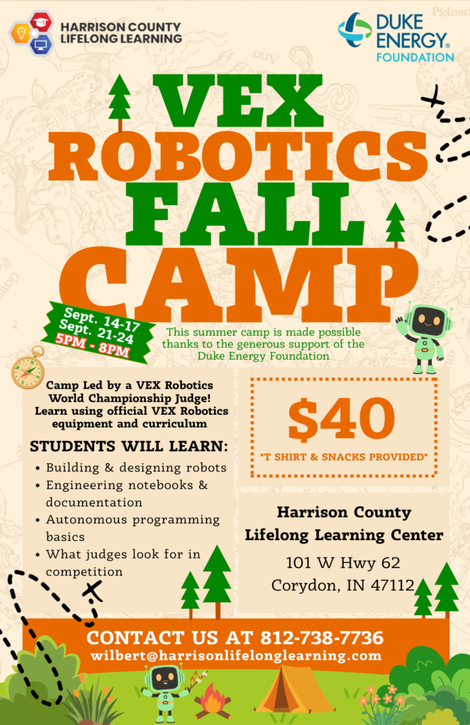 Poster promoting VEX Robotics Fall Camp with large green VEX text and orange ROBOTICS text, camp details and logos in corners.