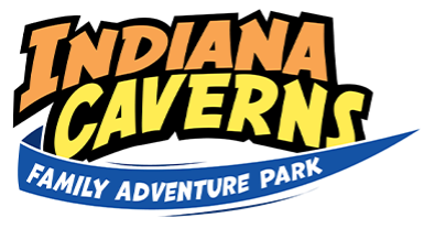 Indiana Caverns logo with orange and yellow 'Indiana Caverns' text and a blue ribbon reading 'Family Adventure Park'.