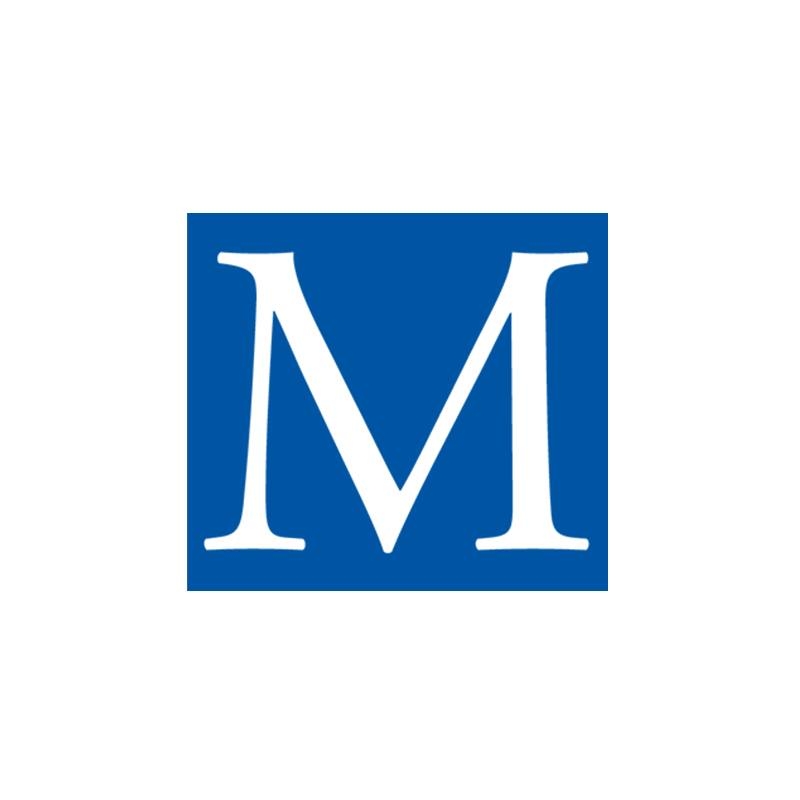 Logo: white serif letter M on a blue square background.