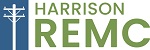 Harrison REMC logo with a white tree symbol on a blue stripe and the words HARRISON REMC in green text