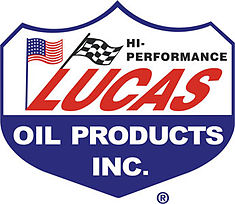 Lucas Oil Products, Inc. shield logo with American flag, checkered flag, and Hi-Performance above the red LUCAS lettering on a blue shield.