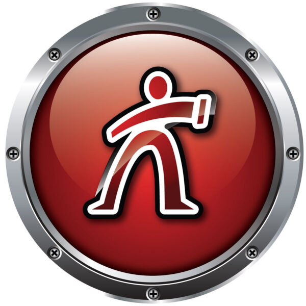 Red circular button with a white-outlined figure throwing a punch, surrounded by a metallic rim.