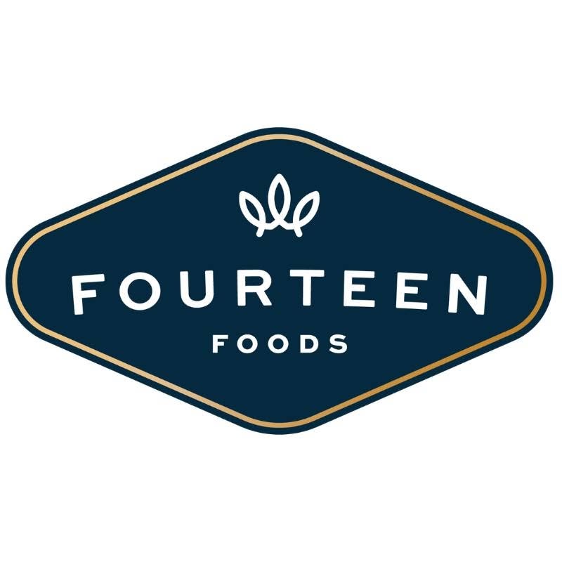 Logo for Fourteen Foods: navy badge with a gold border and a simple leaf emblem in the center.