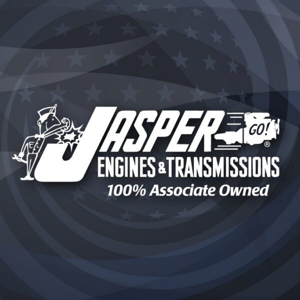 Jasper Engines & Transmissions logo with a stylized white 'J' and a cartoon mechanic on the left, plus the tagline '100% Associate Owned' on a dark circular background.