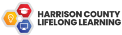Harrison County Lifelong Learning logo with hex badges containing a lightbulb, graduation cap, and book.