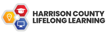 Harrison County Lifelong Learning logo with hex icons showing a lightbulb, graduation cap, and computer monitor in yellow, red, and blue.
