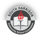 South Harrison Community School Corporation logo featuring a torch over an open book inside a circular seal with surrounding text.