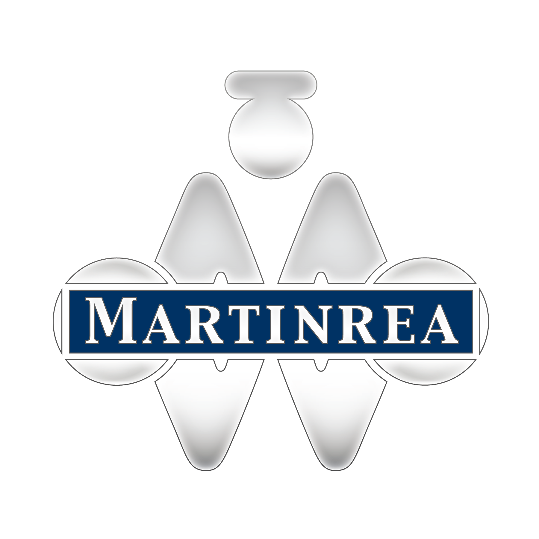 Martinrea logo: white serif 'MARTINREA' on a dark blue banner with silver geometric shapes around it.