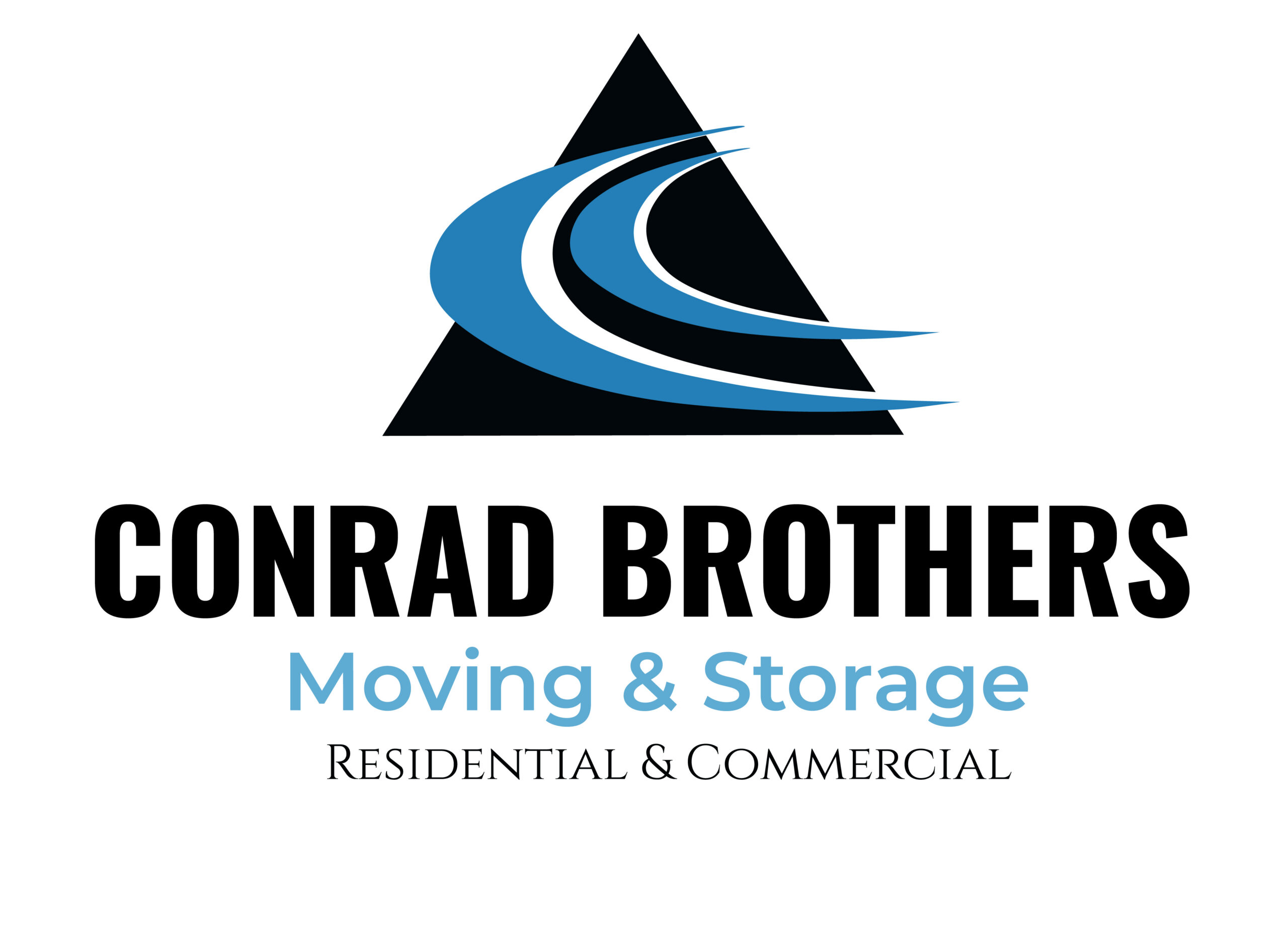 Conrad Brothers Moving & Storage logo featuring a black triangle with blue wave swooshes