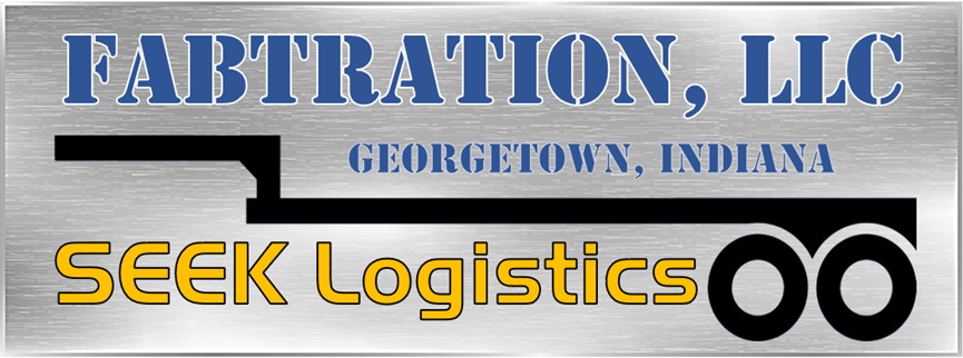 Metal company sign reading FABTRATION, LLC with Georgetown, Indiana, and the SEEK Logistics logo featuring an infinity-like symbol.